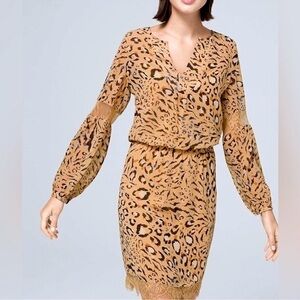 White House Black Market Tan Leopard-Print Long Sleeve Blouson Dress